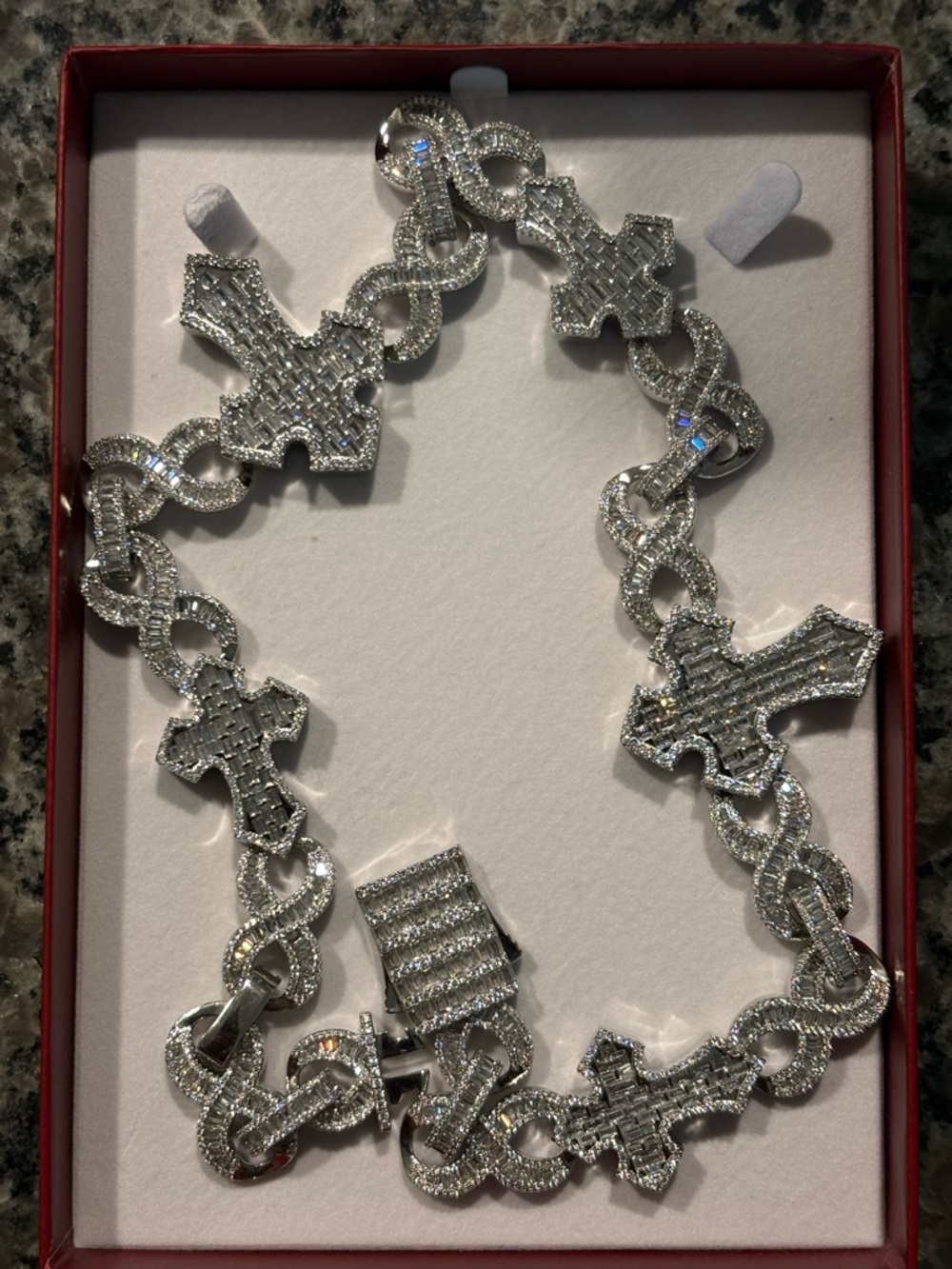 Baguette Cut Cross Infinity Link Chain Plated White Gold 20 Inch